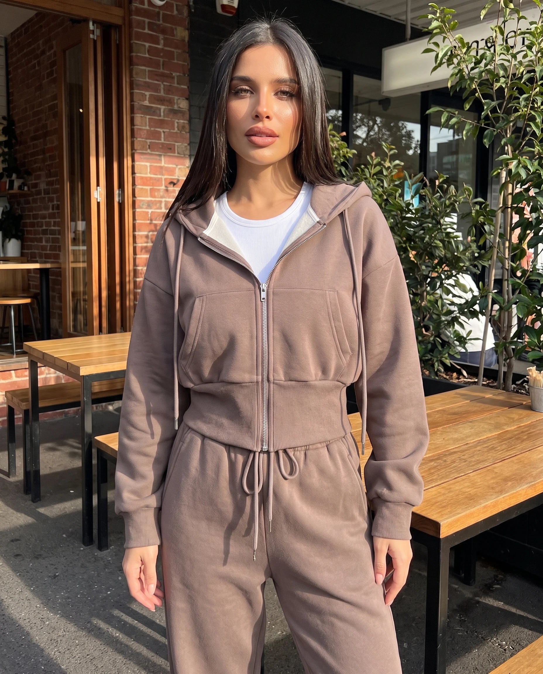 Zip Hoodie and Wide Leg Trouser Set — Coffee, fabric and construction detail outdoors