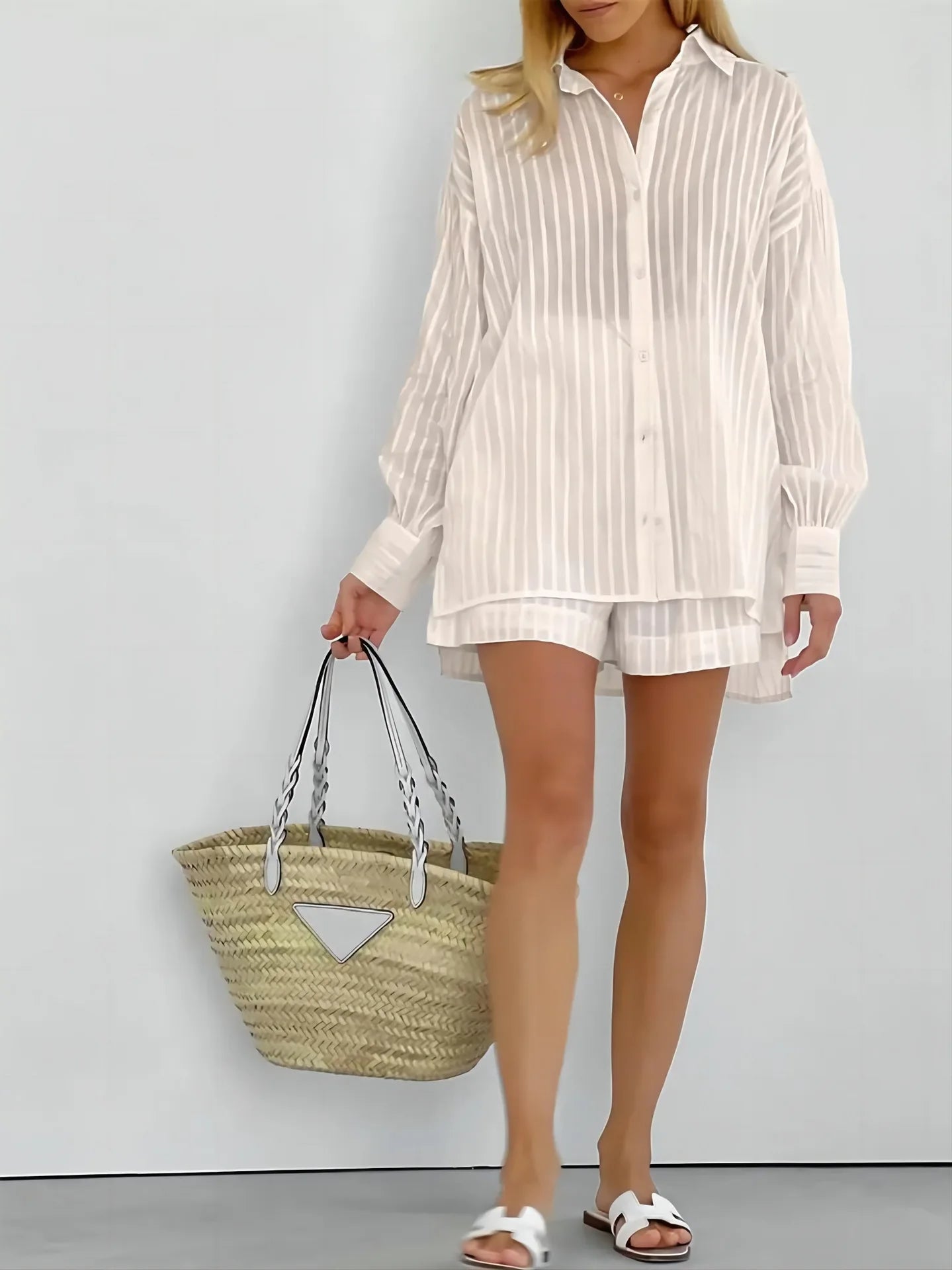 Cotton Long Sleeve Shirt and Striped Short Set – product detail view 12