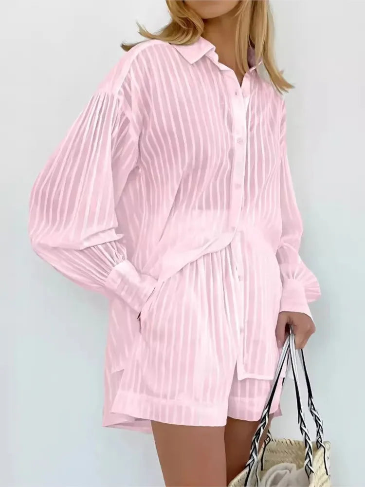 Cotton Long Sleeve Shirt and Striped Short Set – product detail view 4