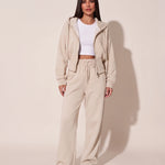 Zip Hoodie and Wide Leg Trouser Set — Beige, studio view