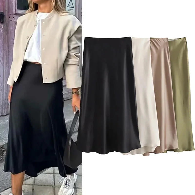 Satin Bias Cut Midi Skirt with High Waist – alternate product view