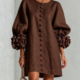 Linen Mini Dress with Puff Sleeves