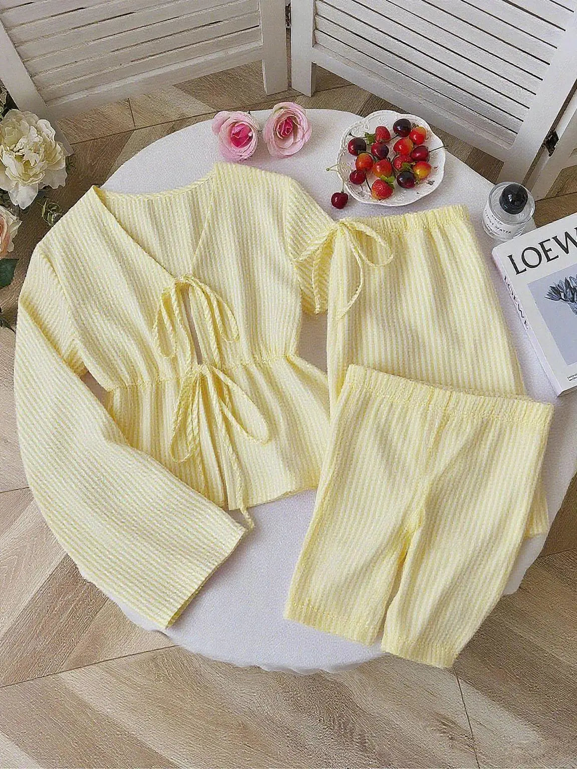 Striped V Neck Blouse and Wide Leg Trouser Set – product detail view 12