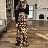 Leopard Print Satin Midi Skirt