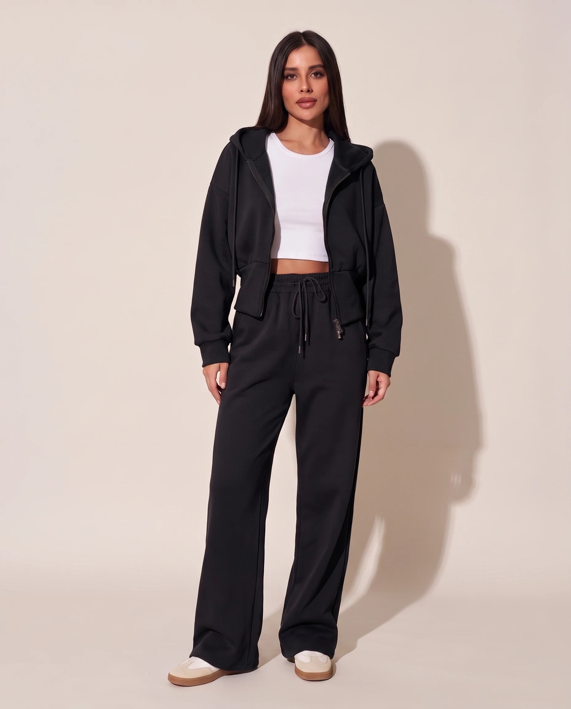 Zip Hoodie and Wide Leg Trouser Set in Black – studio colour view