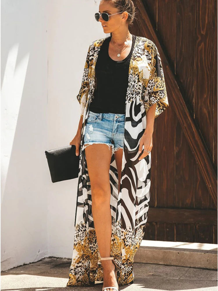 Josie Lightweight Leopard-Print Chiffon Beach Kimono – product detail view 3