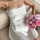 Satin Mini Dress with Lace V Neck and Open Back
