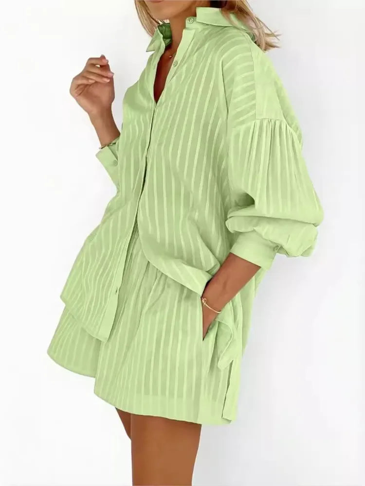 Cotton Long Sleeve Shirt and Striped Short Set – product detail view 2