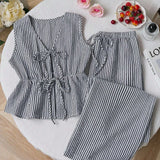 Striped V Neck Blouse and Wide Leg Trouser Set – product detail view 2