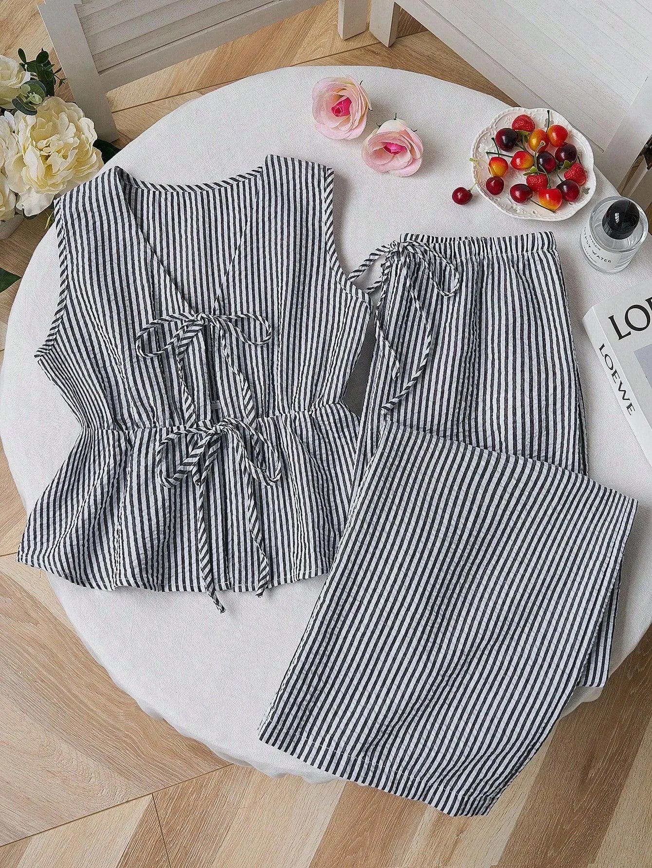 Striped V Neck Blouse and Wide Leg Trouser Set – product detail view 2