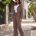 Zip Hoodie and Wide Leg Trouser Set — Coffee, Australian lifestyle view
