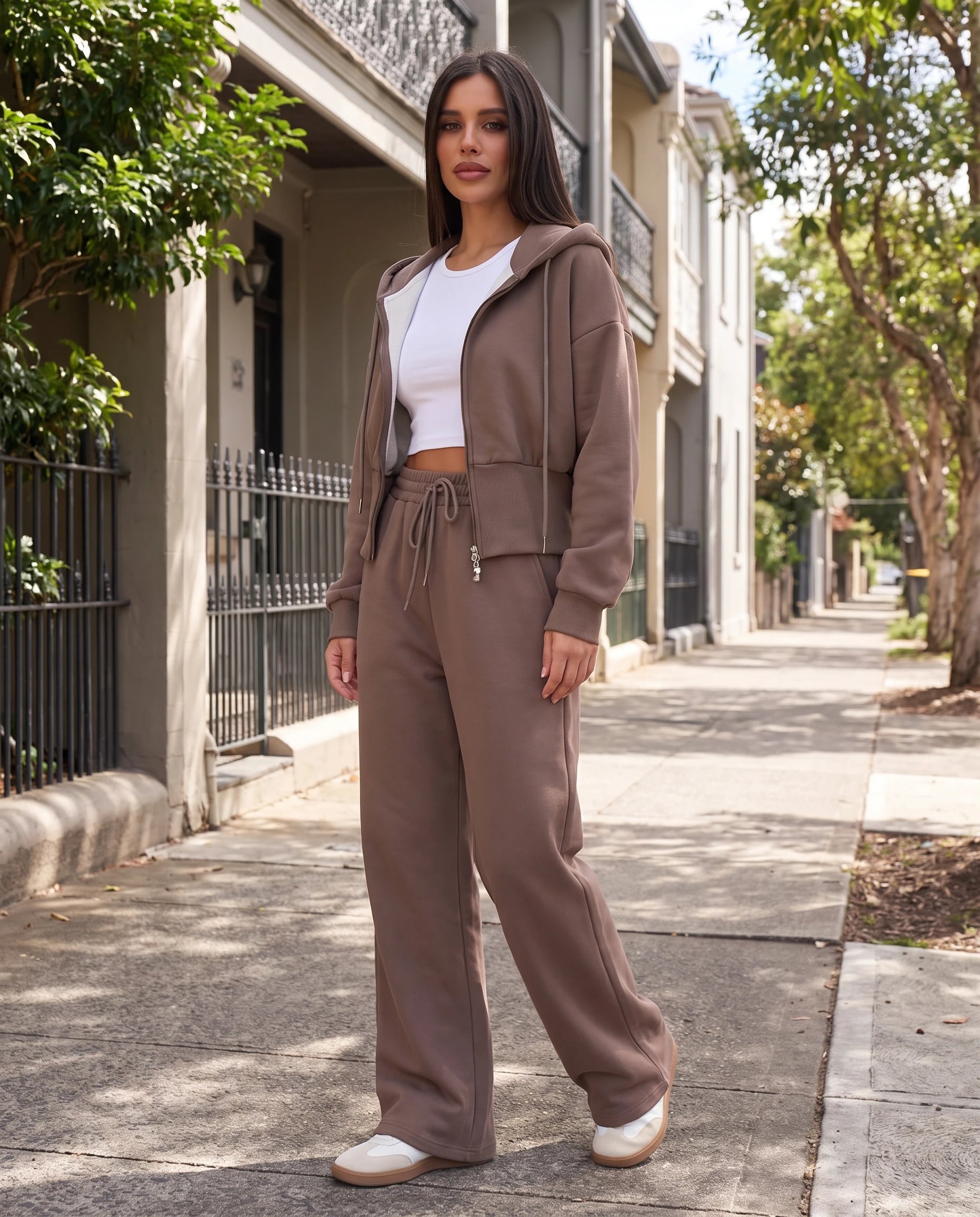 Zip Hoodie and Wide Leg Trouser Set — Coffee, Australian lifestyle view