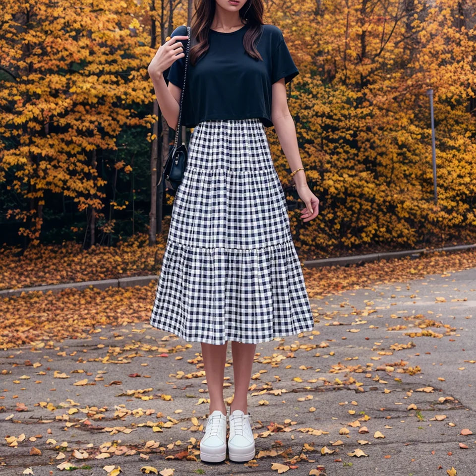 Checked Patchwork Tiered Midi Skirt – product detail view 6