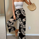 Leaf Print Wide Leg Trousers with Elastic Waist – product detail view 5