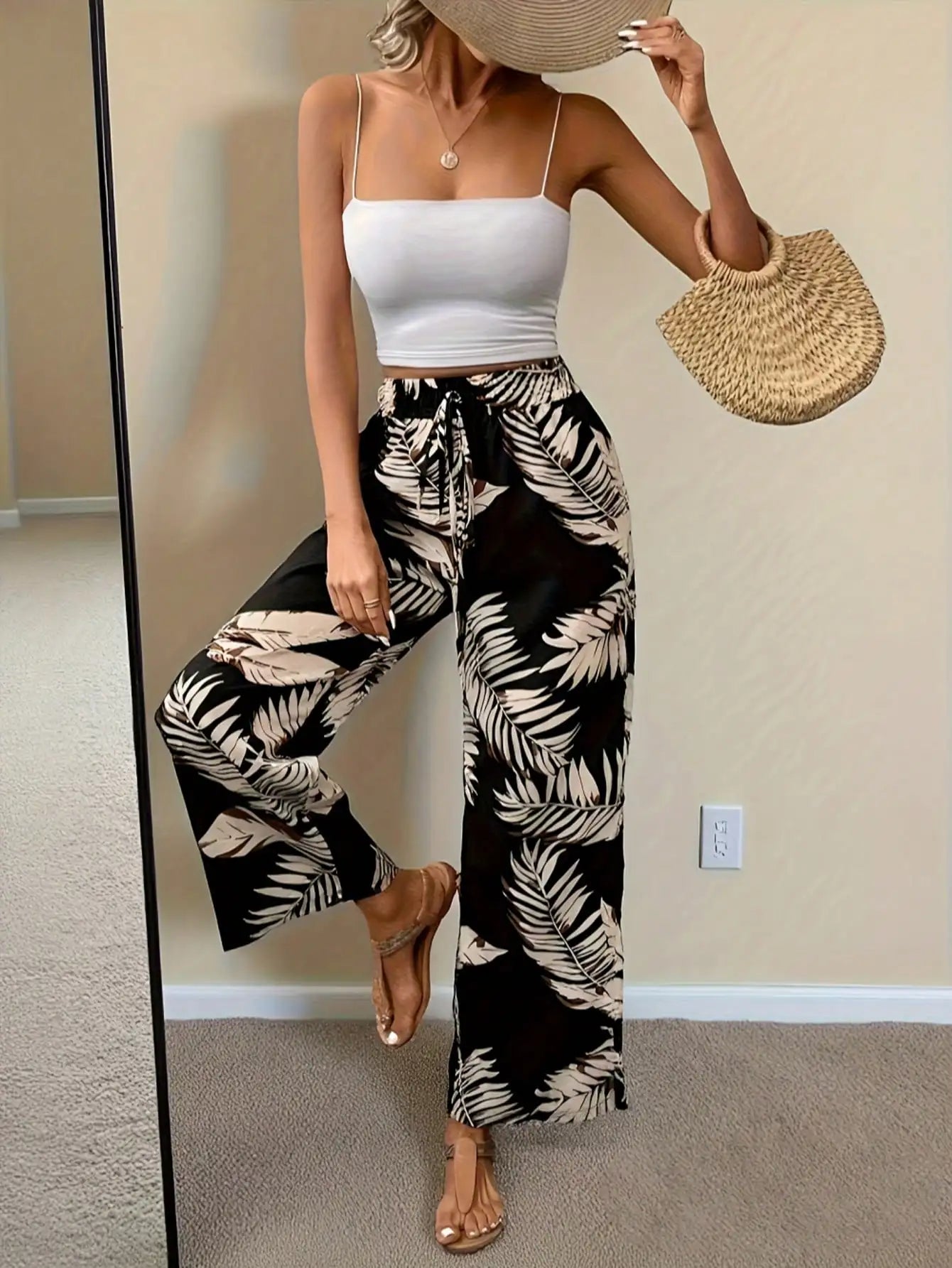 Leaf Print Wide Leg Trousers with Elastic Waist – product detail view 5