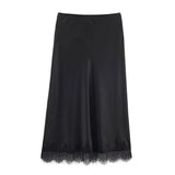 Lace Trim A-Line Midi Skirt