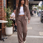 Zip Hoodie and Wide Leg Trouser Set — Coffee, Australian lifestyle view
