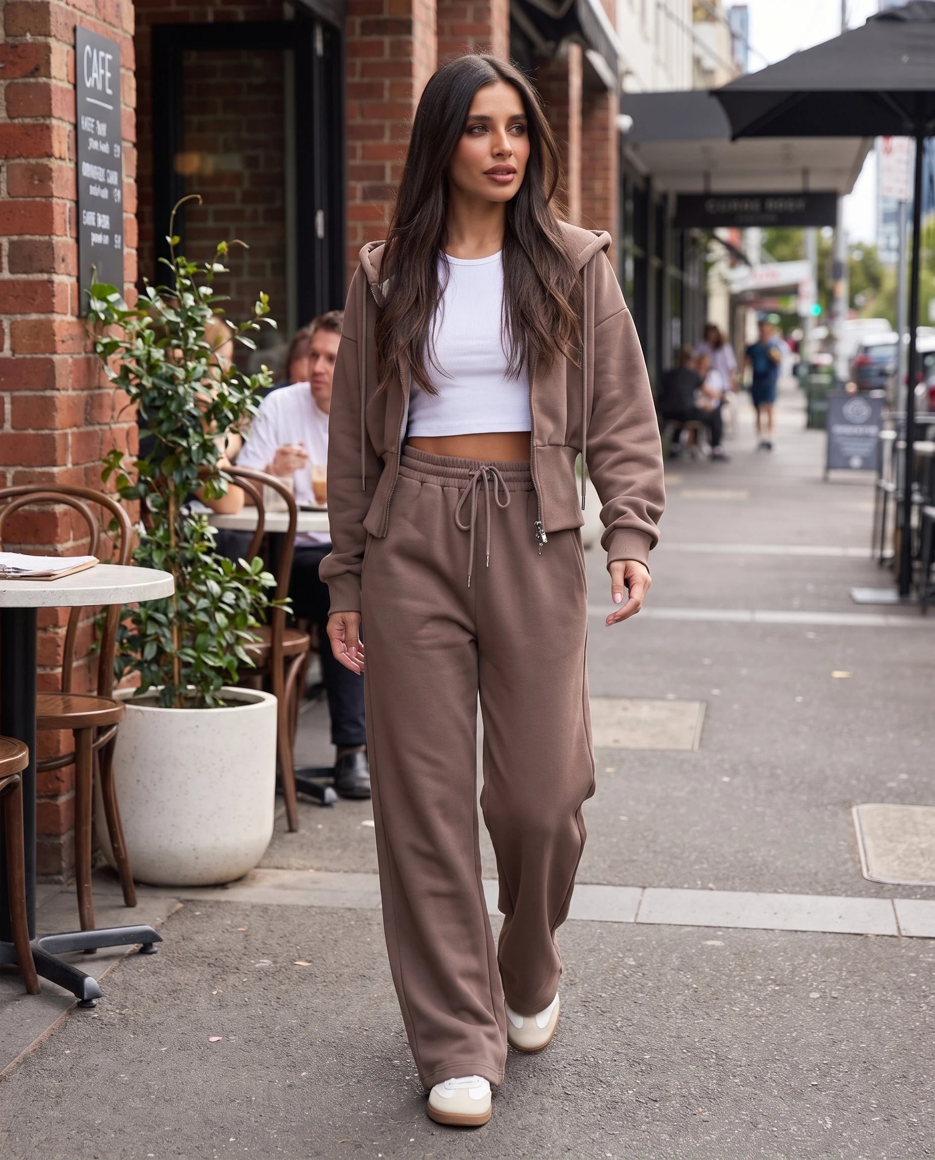 Zip Hoodie and Wide Leg Trouser Set — Coffee, Australian lifestyle view