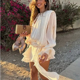 Long Sleeve Mini Dress with Lace Up V Neck