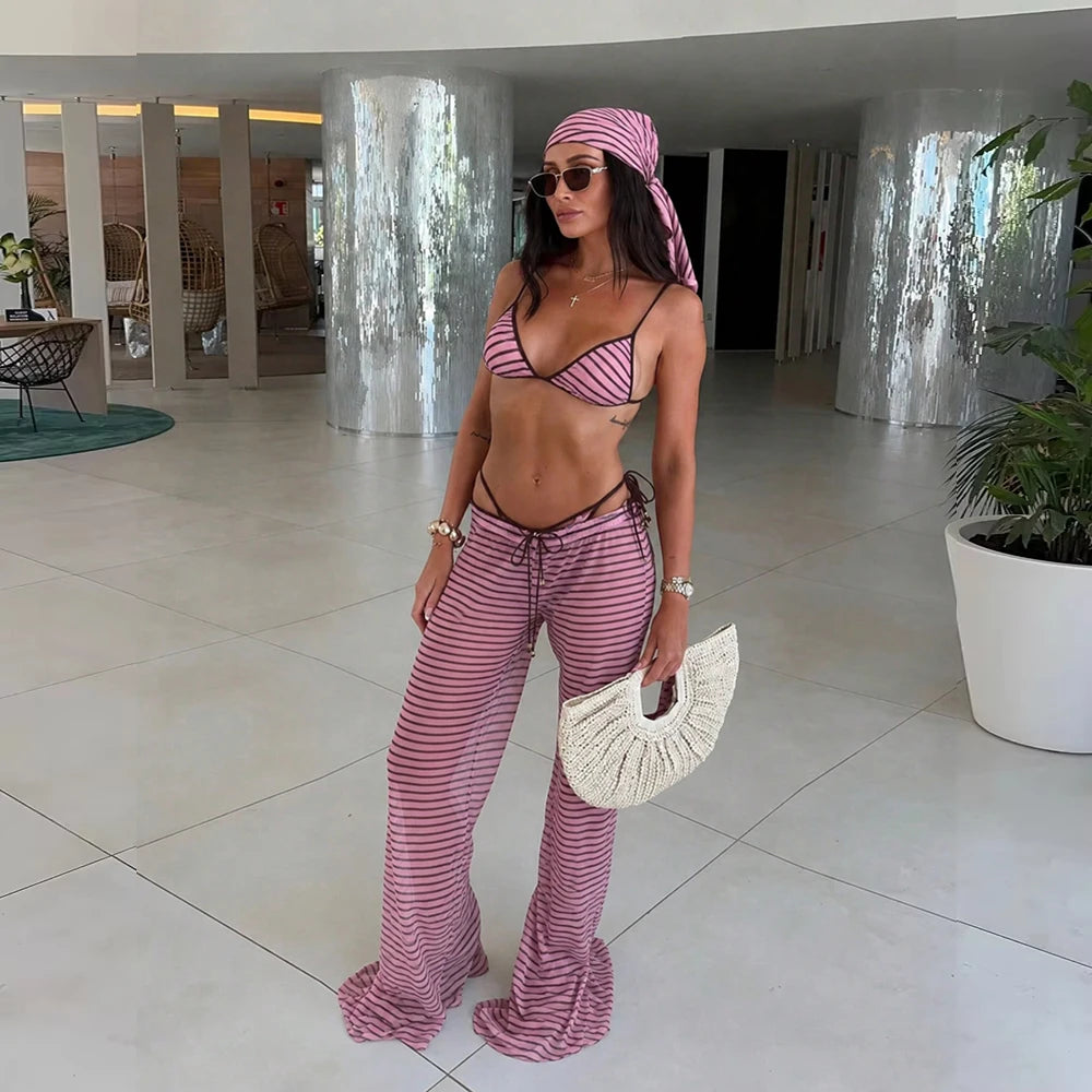 Printed Three Piece Bikini Set with Kimono Cover Up – product detail view 9