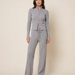 Ribbed Zip Cardigan and Wide Leg Trouser Set — Grey, studio view