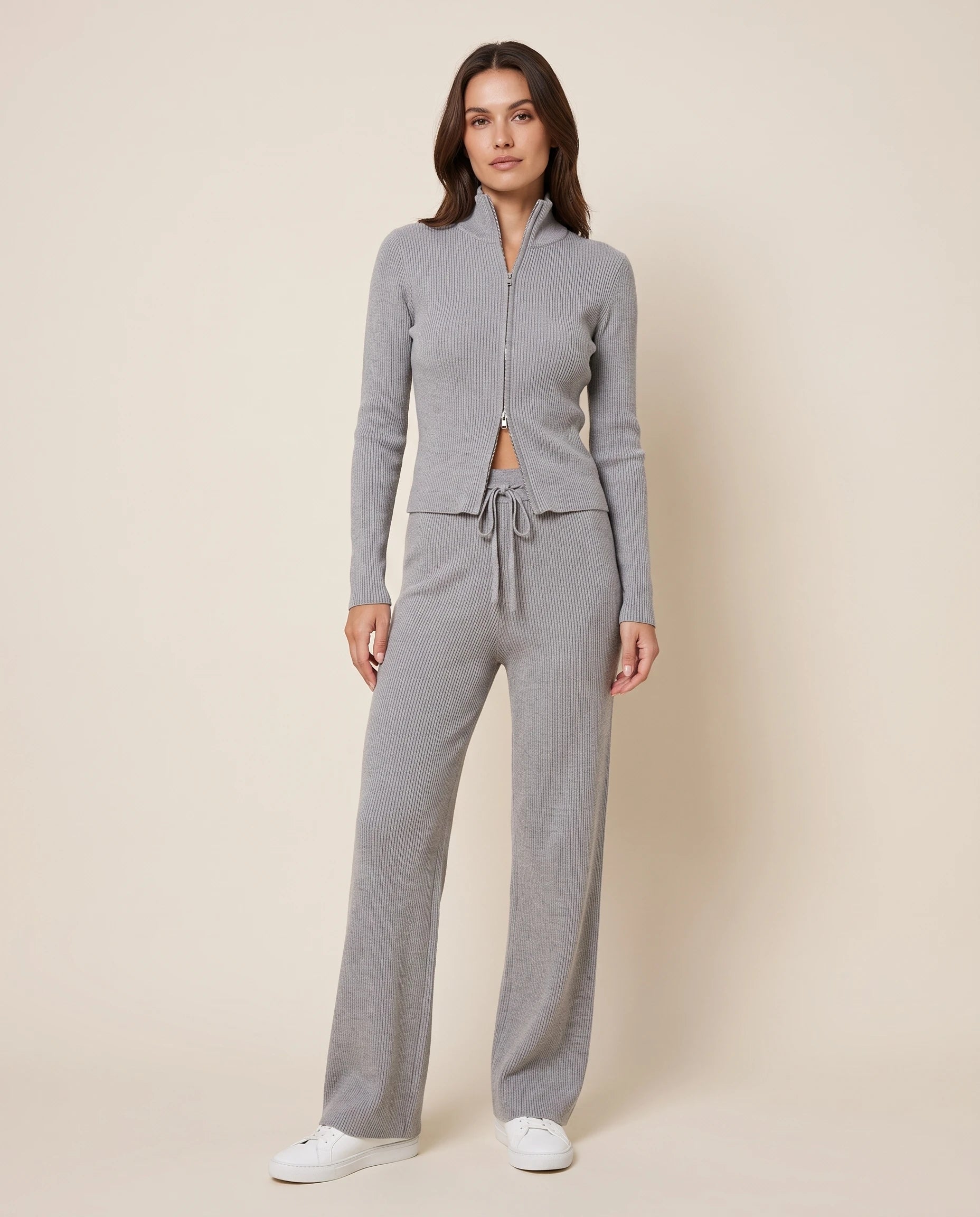 Ribbed Zip Cardigan and Wide Leg Trouser Set — Grey, studio view