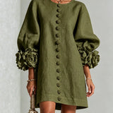Linen Mini Dress with Puff Sleeves