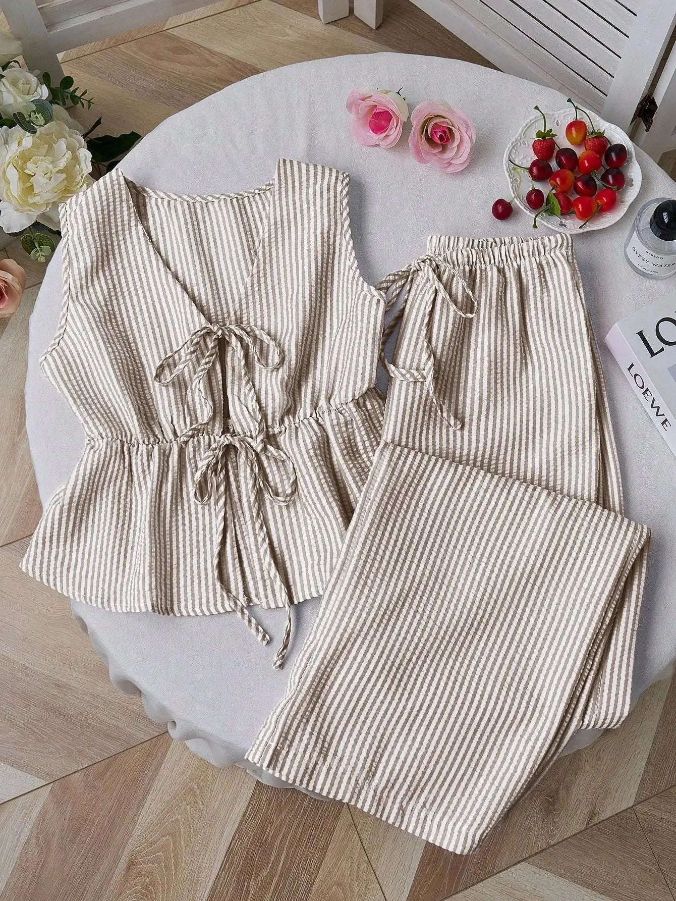 Striped V Neck Blouse and Wide Leg Trouser Set – product detail view 3