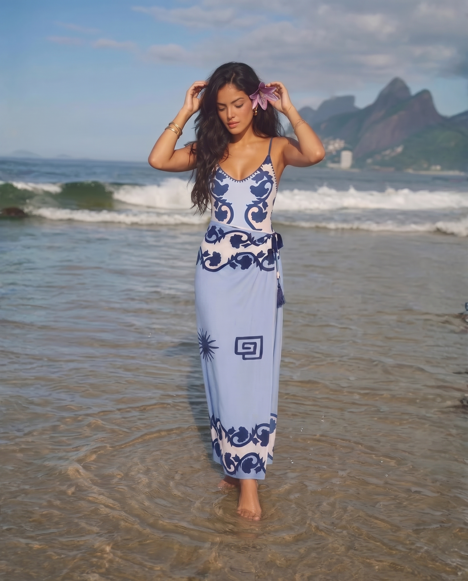Women's Vintage Print V-Neck One Piece Swimsuit With Wrap Sarong Skirt — lifestyle