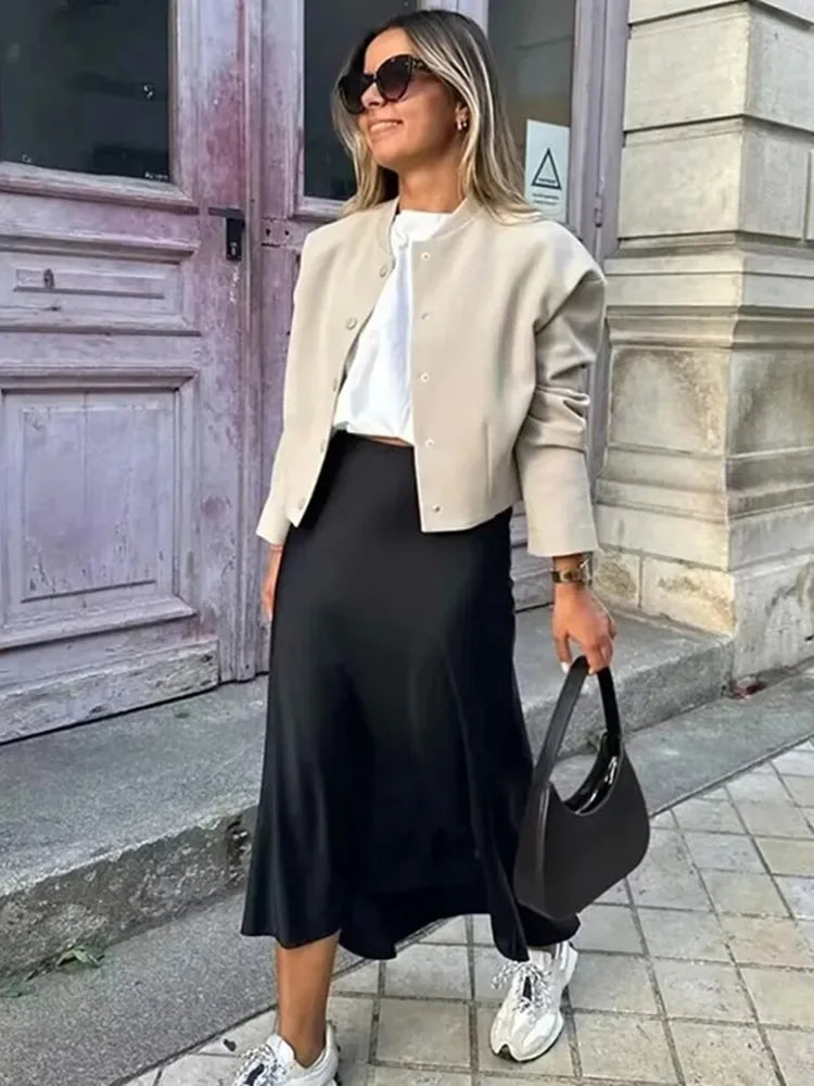 Satin Bias Cut Midi Skirt with High Waist – product detail view 1