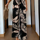 Leaf Print Wide Leg Trousers with Elastic Waist – product detail view 6