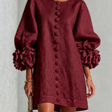 Linen Mini Dress with Puff Sleeves