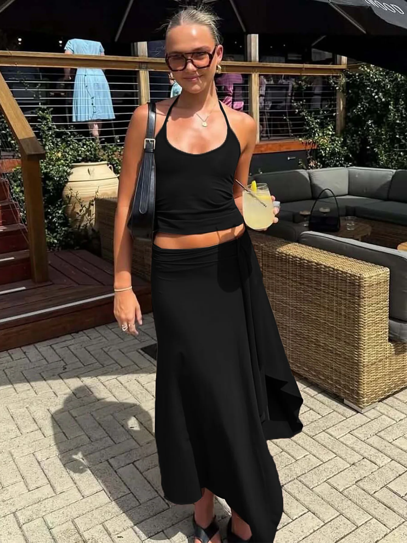 Lace Up Halter Crop Top and Ruched Maxi Skirt Set – product detail view 3