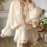 Long Sleeve Mini Dress with Lace Up V Neck