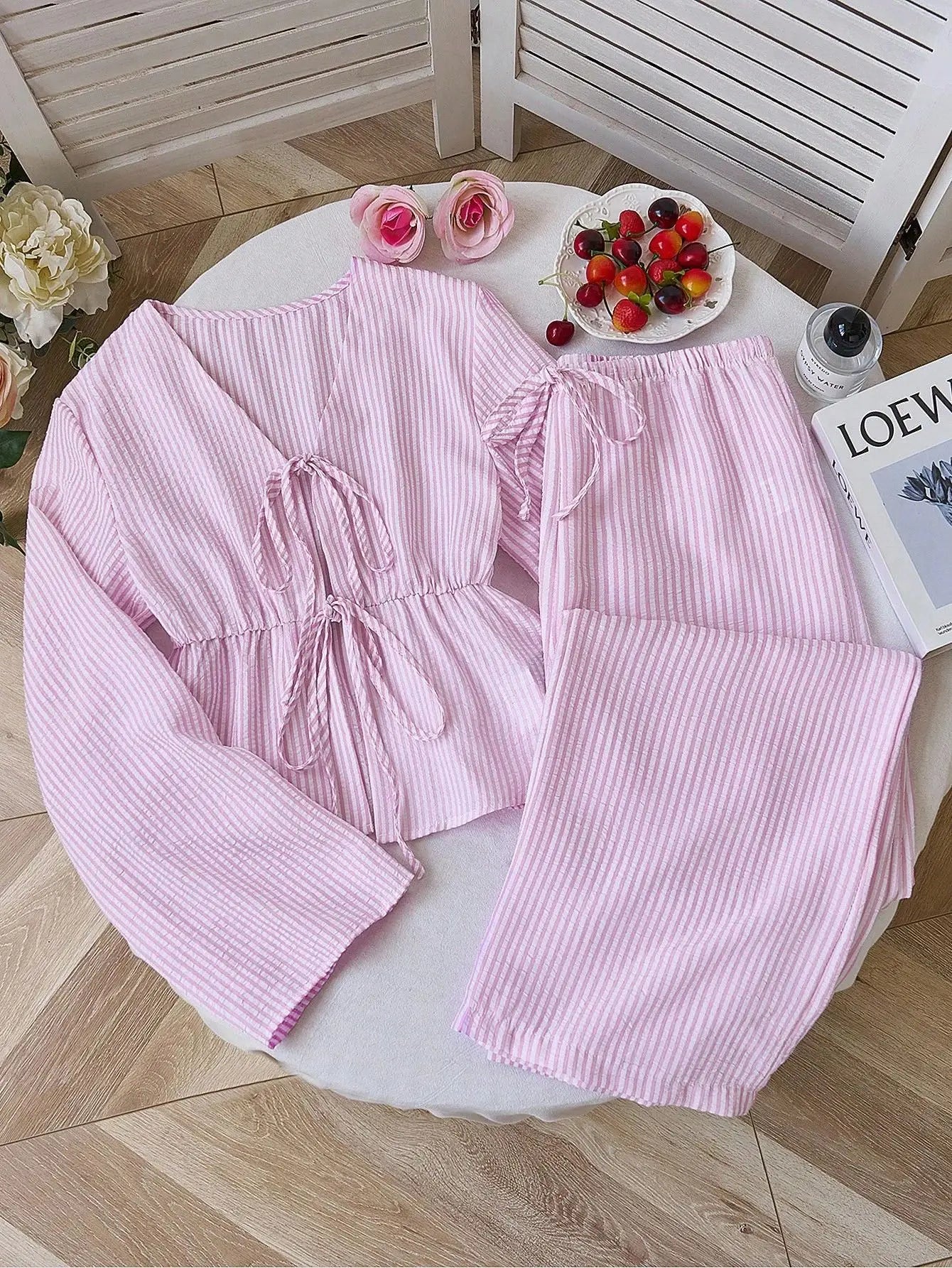Striped V Neck Blouse and Wide Leg Trouser Set – product detail view 10