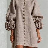 Linen Mini Dress with Puff Sleeves