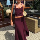 Lace Up Halter Crop Top and Ruched Maxi Skirt Set – product detail view 2