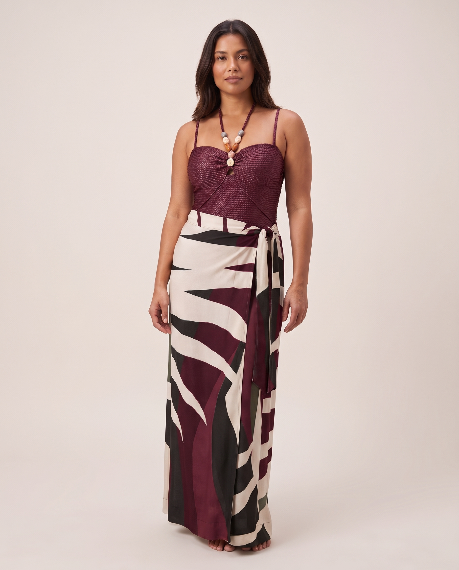 Women's Textured Bandeau One Piece Swimsuit With Printed Sarong Skirt — variant studio