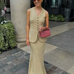 Olive Elegant Sleeveless Button-Front Skirt Set – product detail view 3