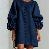 Linen Mini Dress with Puff Sleeves