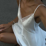 Satin Mini Dress with Lace V Neck and Open Back