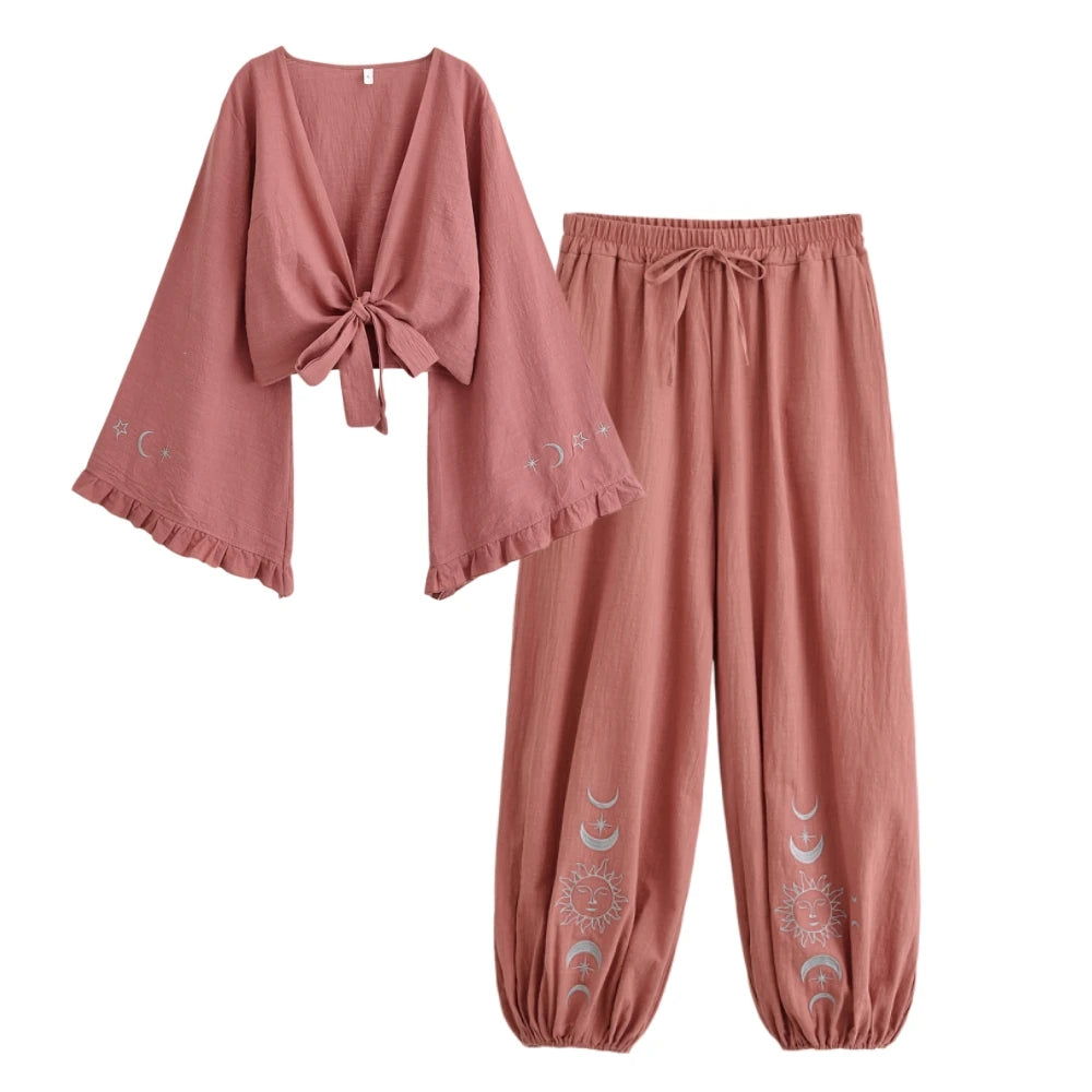 Posie Contemporary Embroidered Tie-Front Trouser Set – product detail view 3