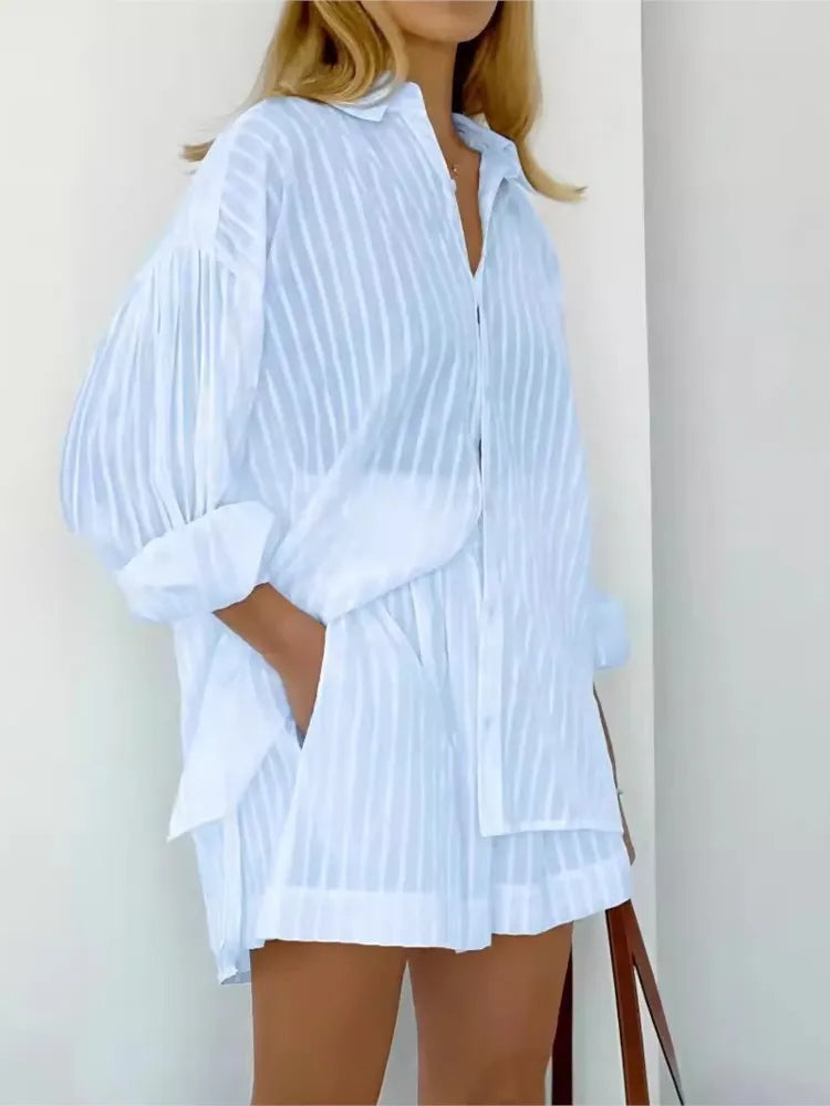 Cotton Long Sleeve Shirt and Striped Short Set – alternate product view