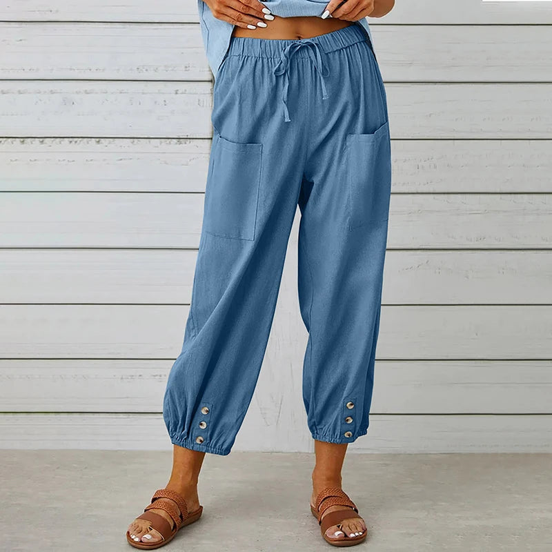 Cotton Linen Wide Leg Trousers with Elastic Waist – product detail view 4