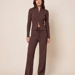 Ribbed Zip Cardigan and Wide Leg Trouser Set — Brown, studio view