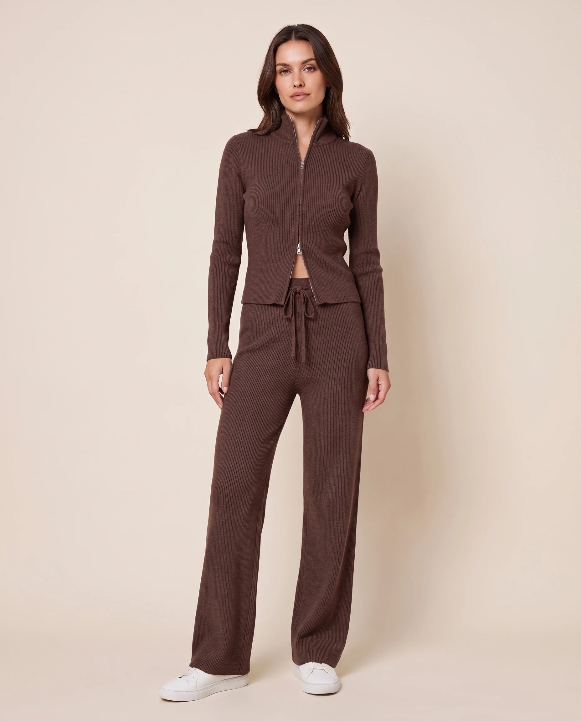 Ribbed Zip Cardigan and Wide Leg Trouser Set — Brown, studio view