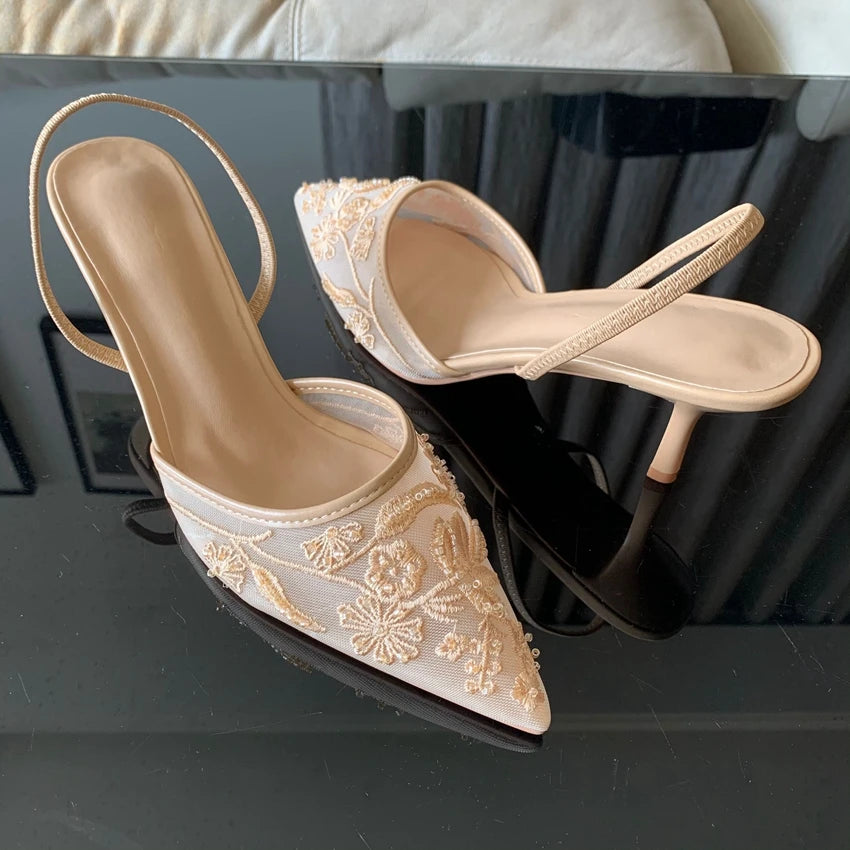 Elegant Floral Embroidered Mesh Slingback Heels – product detail view 5