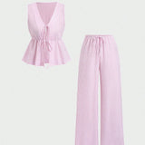 Striped V Neck Blouse and Wide Leg Trouser Set – product detail view 5