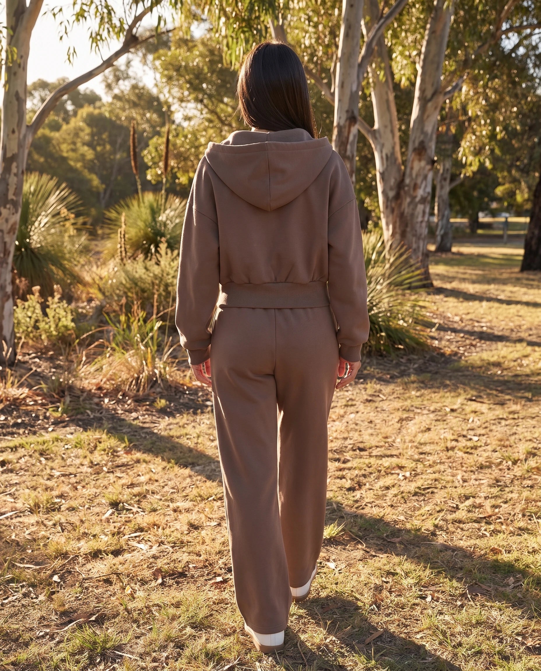 Zip Hoodie and Wide Leg Trouser Set — Coffee, Australian lifestyle rear view