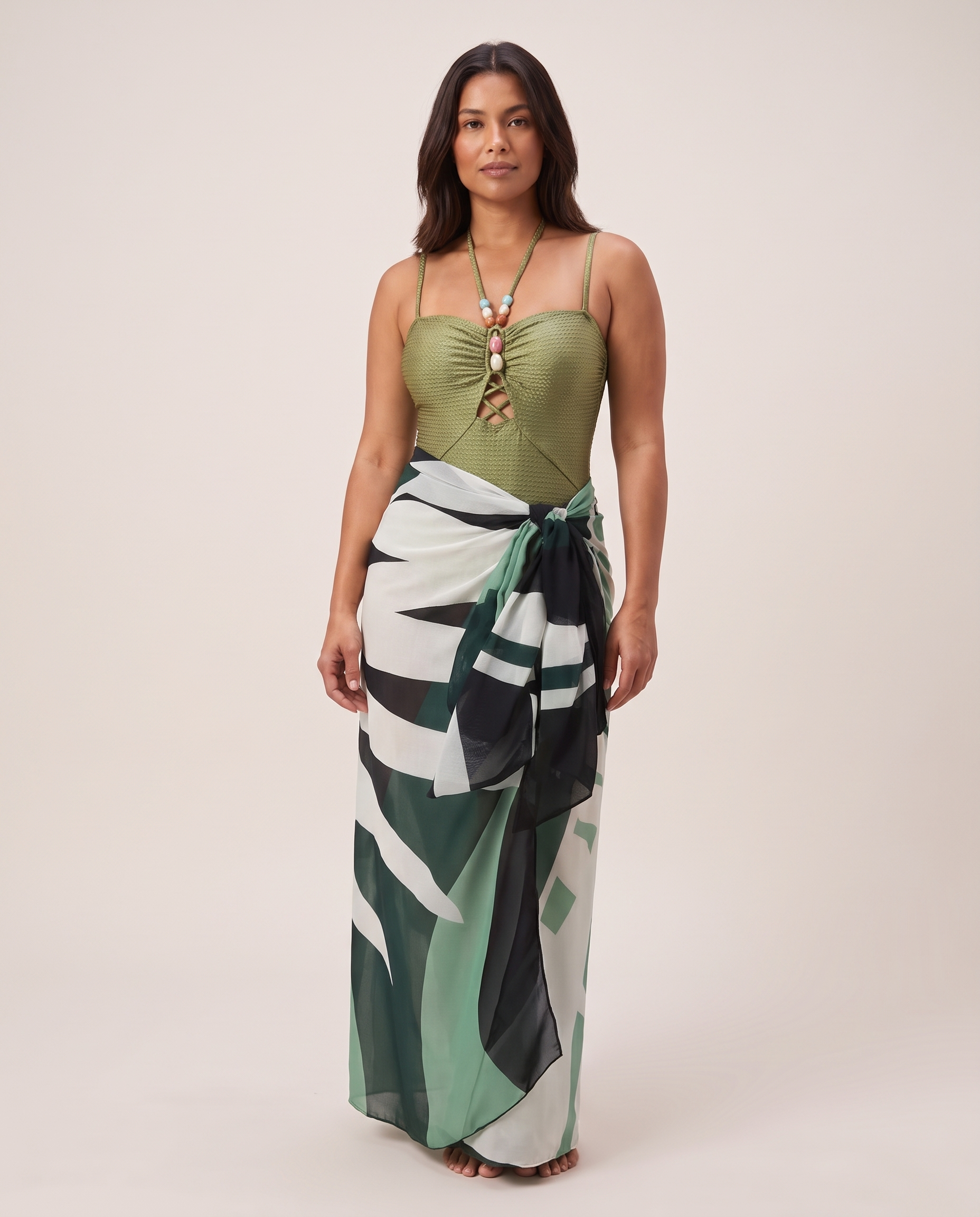 Women's Textured Bandeau One Piece Swimsuit With Printed Sarong Skirt — variant studio
